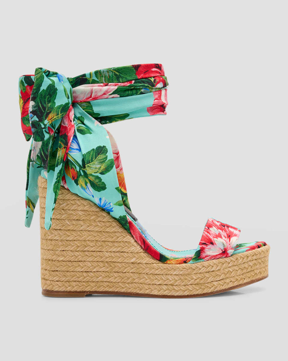 Floral Ankle-Wrap Wedge Espadrilles